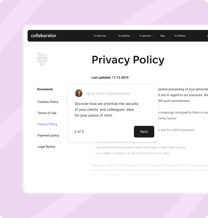 Collaborator Privacy Policy page with document sections and message about data security