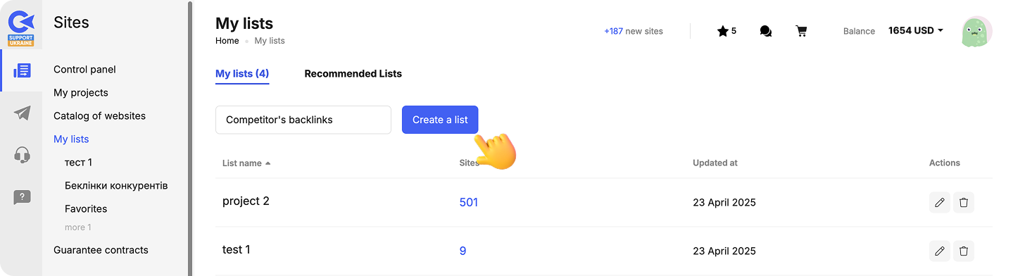 User interface Collaborator of the 'My lists' section with a highlighted 'Create a list' button and two existing lists displayed: 'project 2' and 'test 1'.